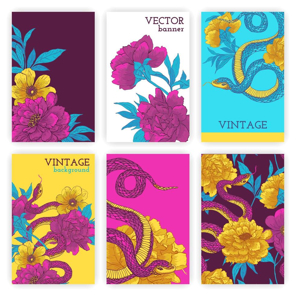 ensemble de brochures avec des serpents et des fleurs. vecteur