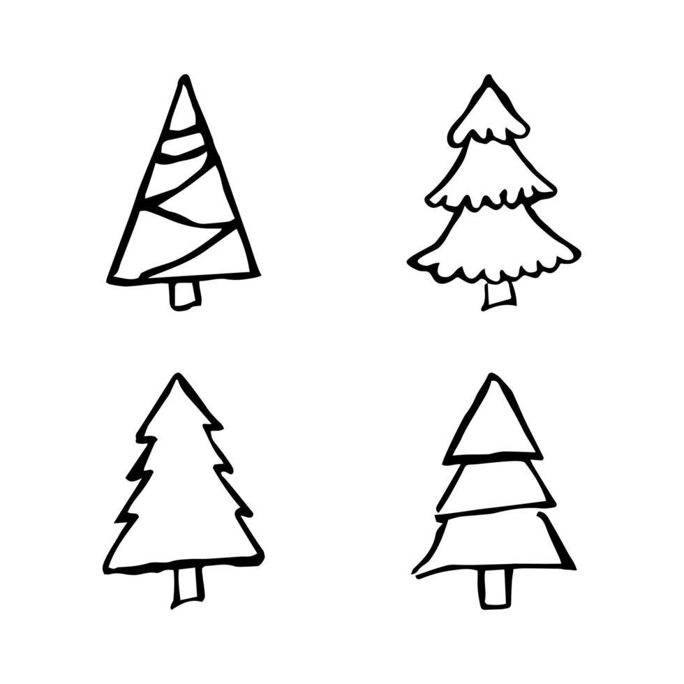 arbres de noël dessinés à la main. ensemble de quatre illustrations monochromes esquissées de sapins. éléments de doodle de vacances d'hiver. illustration vectorielle vecteur