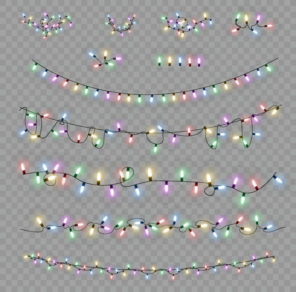 lumières de Noël. ligne vectorielle avec ampoules lumineuses. ensemble de guirlande rougeoyante de noël doré led illustration de lampe au néon. vecteur