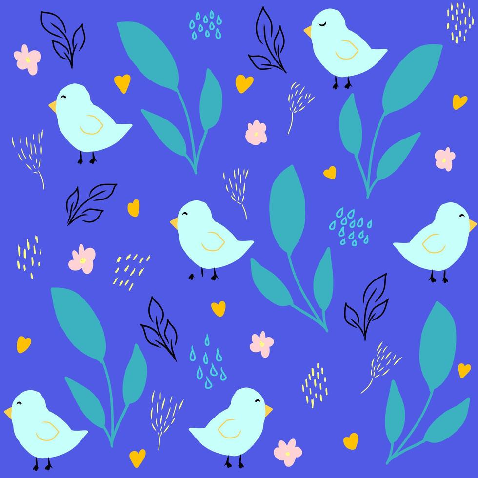 motif harmonieux d'oiseaux dessinés à la main, de fleurs et d'éléments abstraits, illustration botanique pour l'emballage et le textile, imprimé minimaliste, motif floral abstrait pour la mode enfantine vecteur