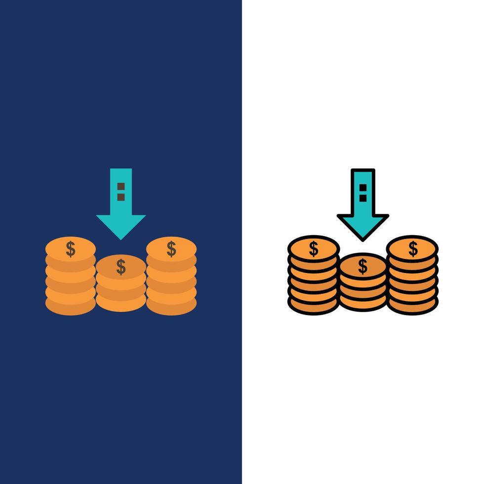 pièces de monnaie argent comptant flèche vers le bas icônes plat et ligne remplie icône ensemble vecteur fond bleu