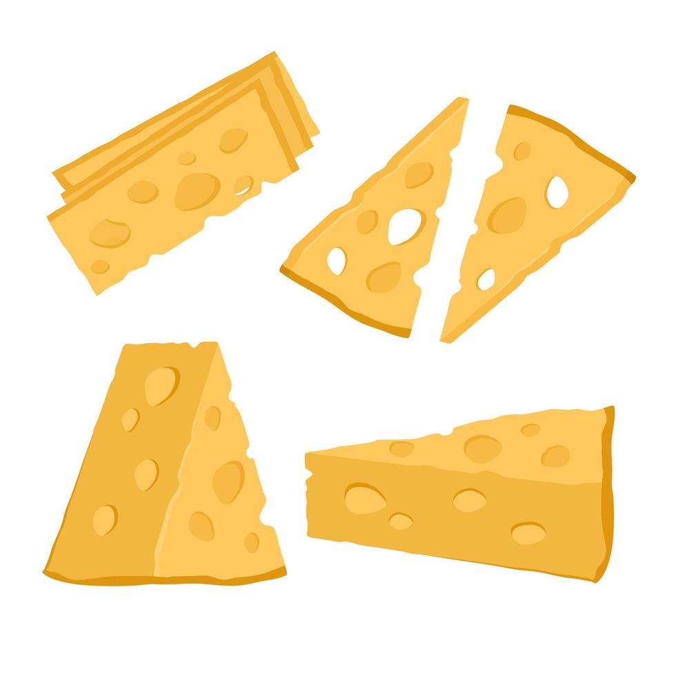 ensemble de fromages hollandais avec des trous. morceaux de fromage suisse savoureux de différentes formes isolés sur fond blanc. aliments biologiques sains. illustration de dessin animé de vecteur