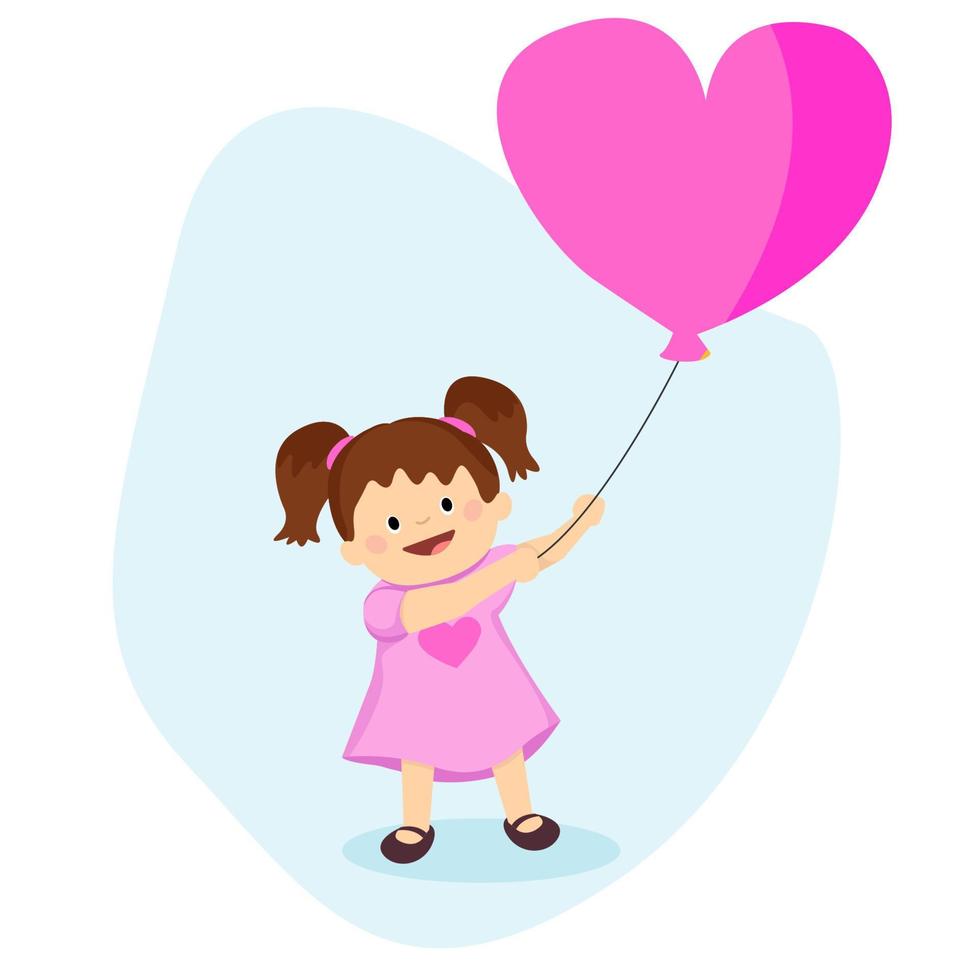 jolie fille avec un ballon en forme de coeur. fille souriante dans une robe rose. concept heureux et amoureux. illustration vectorielle vecteur