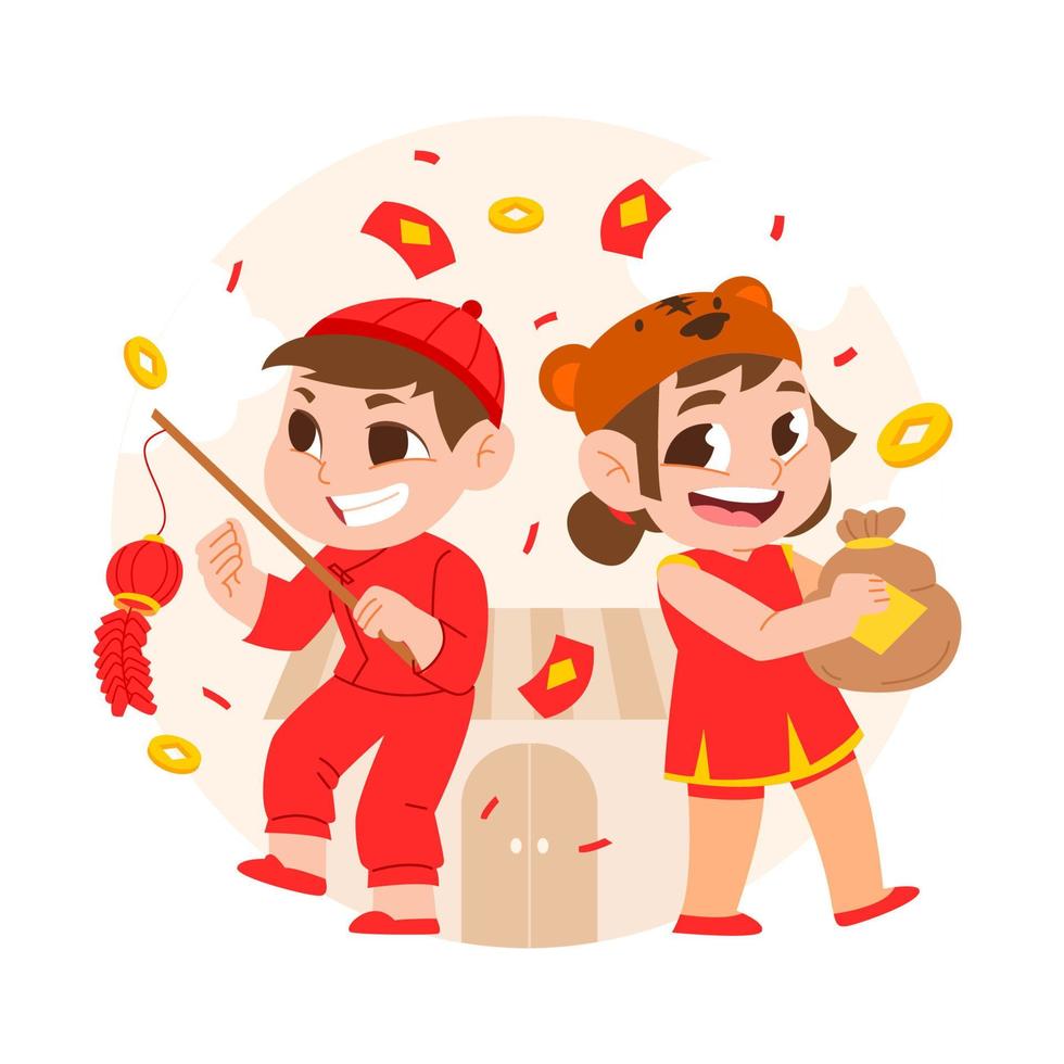 enfants du nouvel an chinois avec un sac d'argent porte-bonheur vecteur