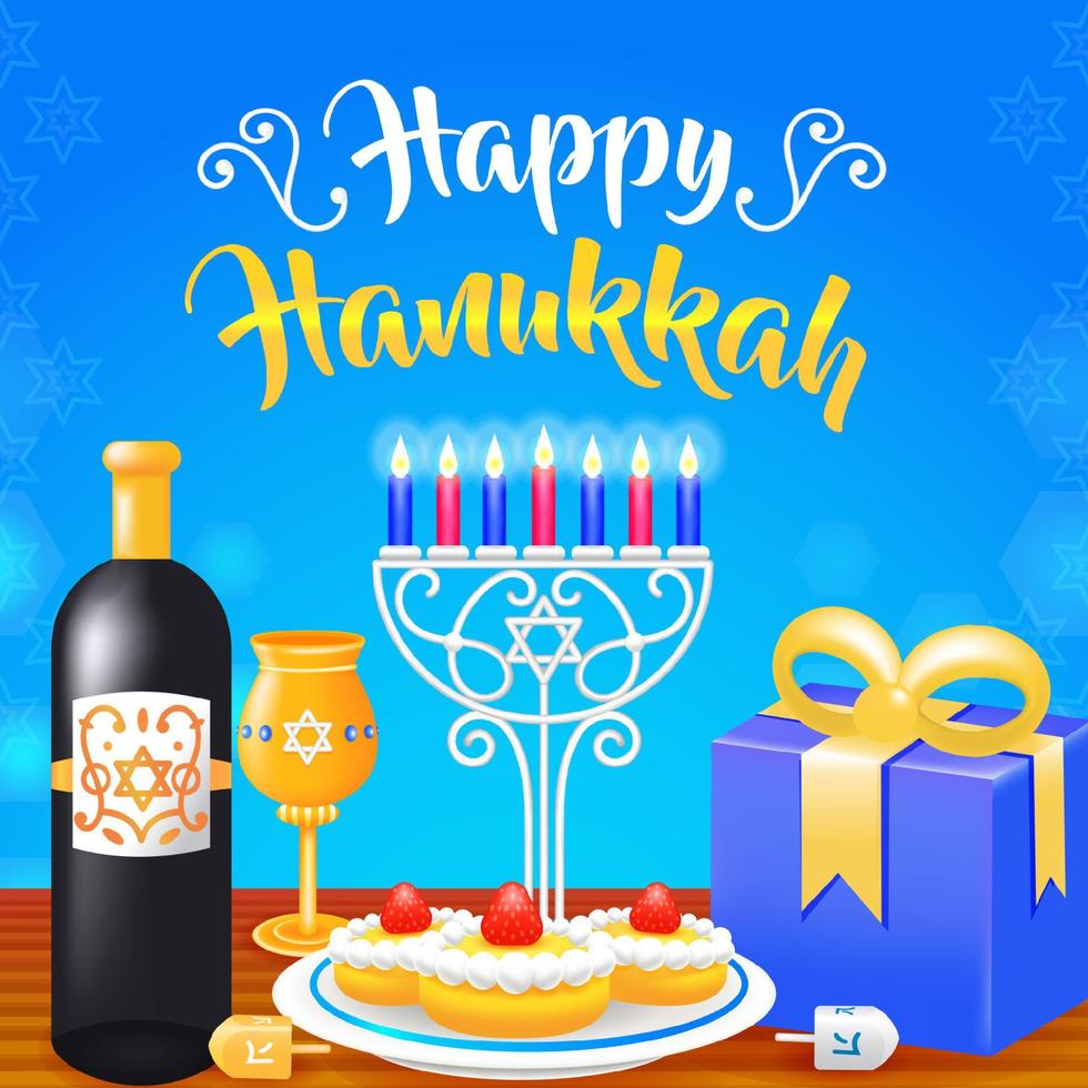 joyeux hanukkah, bougeoir 3d, dreidel et cadeaux. adapté aux événements vecteur