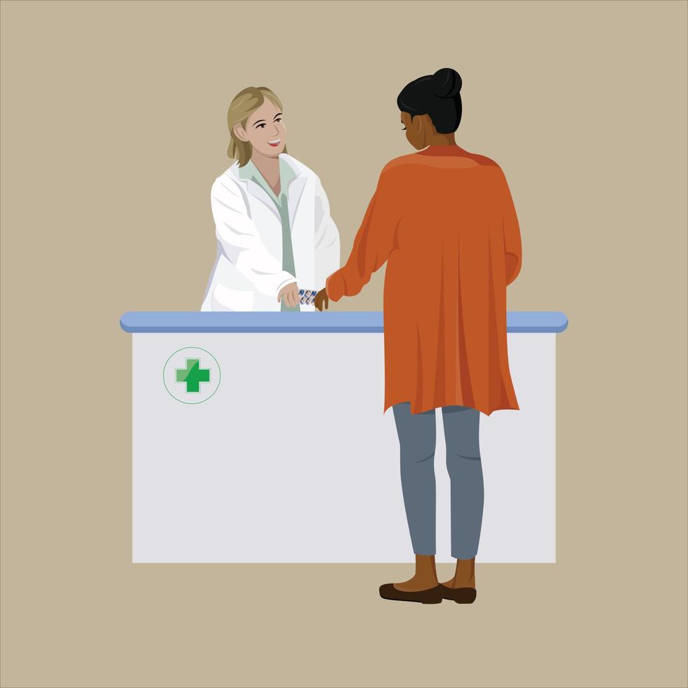 cliente debout près du bureau de la caisse et détenant une ordonnance médicale. médecin pharmacien consultant patient en pharmacie. industrie pharmaceutique. illustration vectorielle de dessin animé plat. vecteur