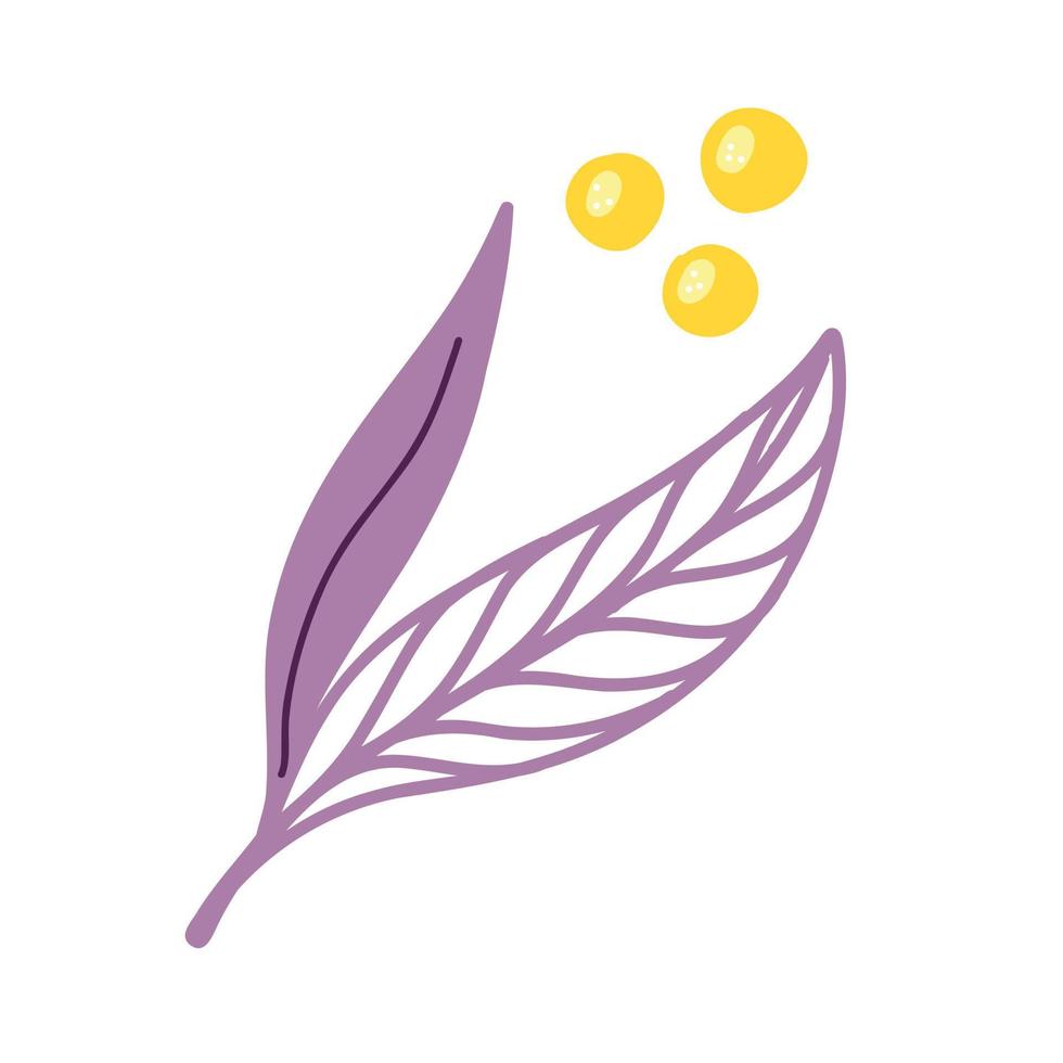 illustration vectorielle avec des brindilles violettes de feuilles et des baies et des fleurs jaune pâle dans un style plat fait à la main sur fond blanc. illustration botanique pour cartes postales, cadeaux, vacances, tissus vecteur