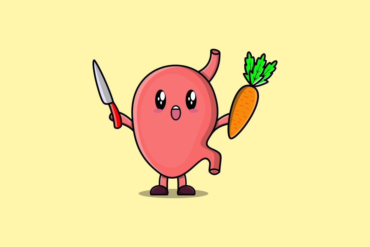estomac de dessin animé mignon tenant un couteau et une carotte vecteur