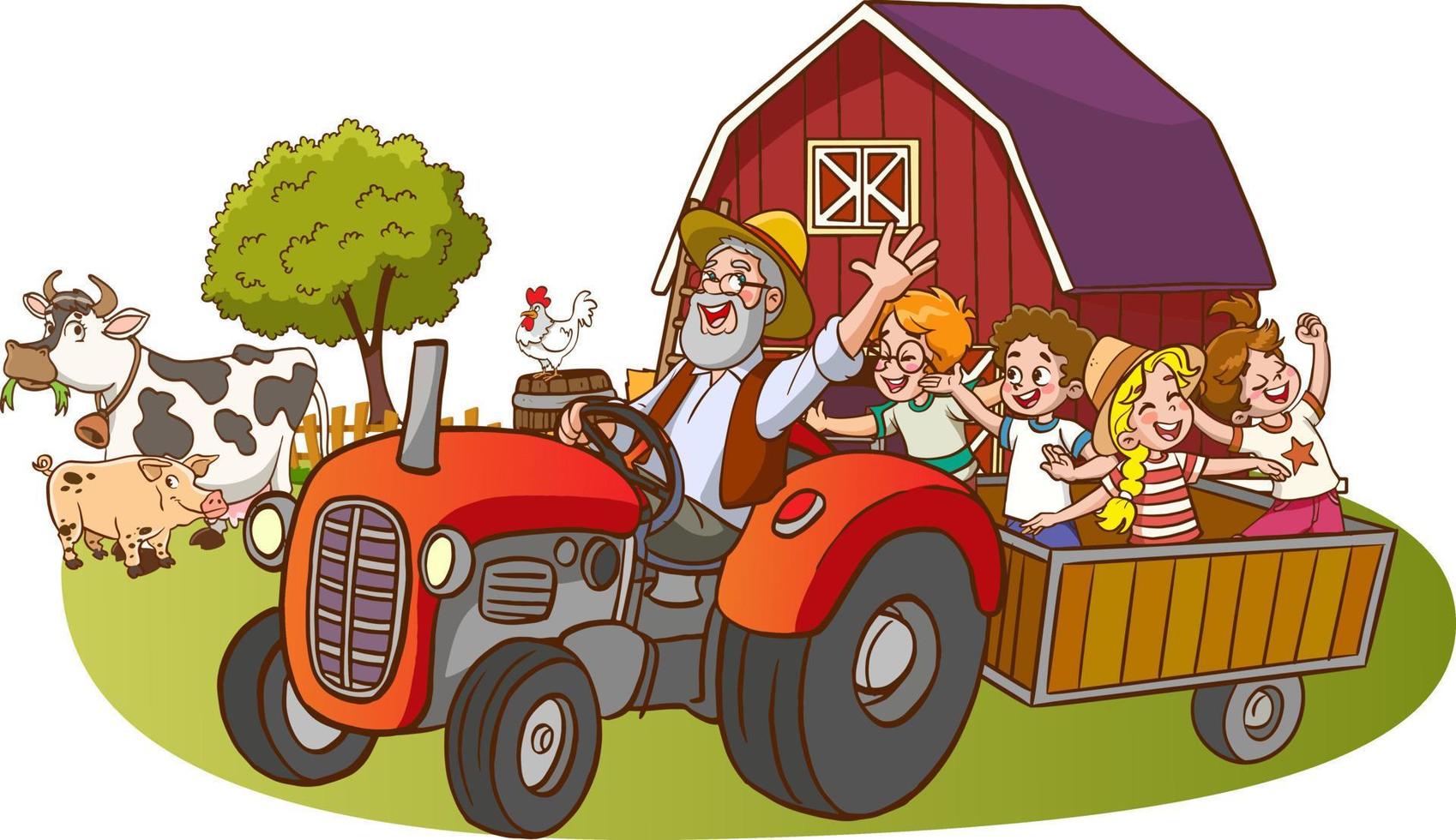 agriculteur conduisant un tracteur et des enfants heureux vecteur