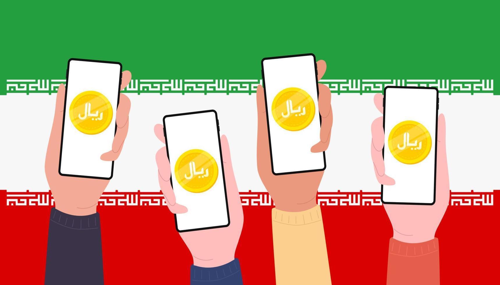 pièces de monnaie rial numériques sur écran mobile de personnes, monnaie numérique cbdc futuriste sur fond de drapeau iran. vecteur