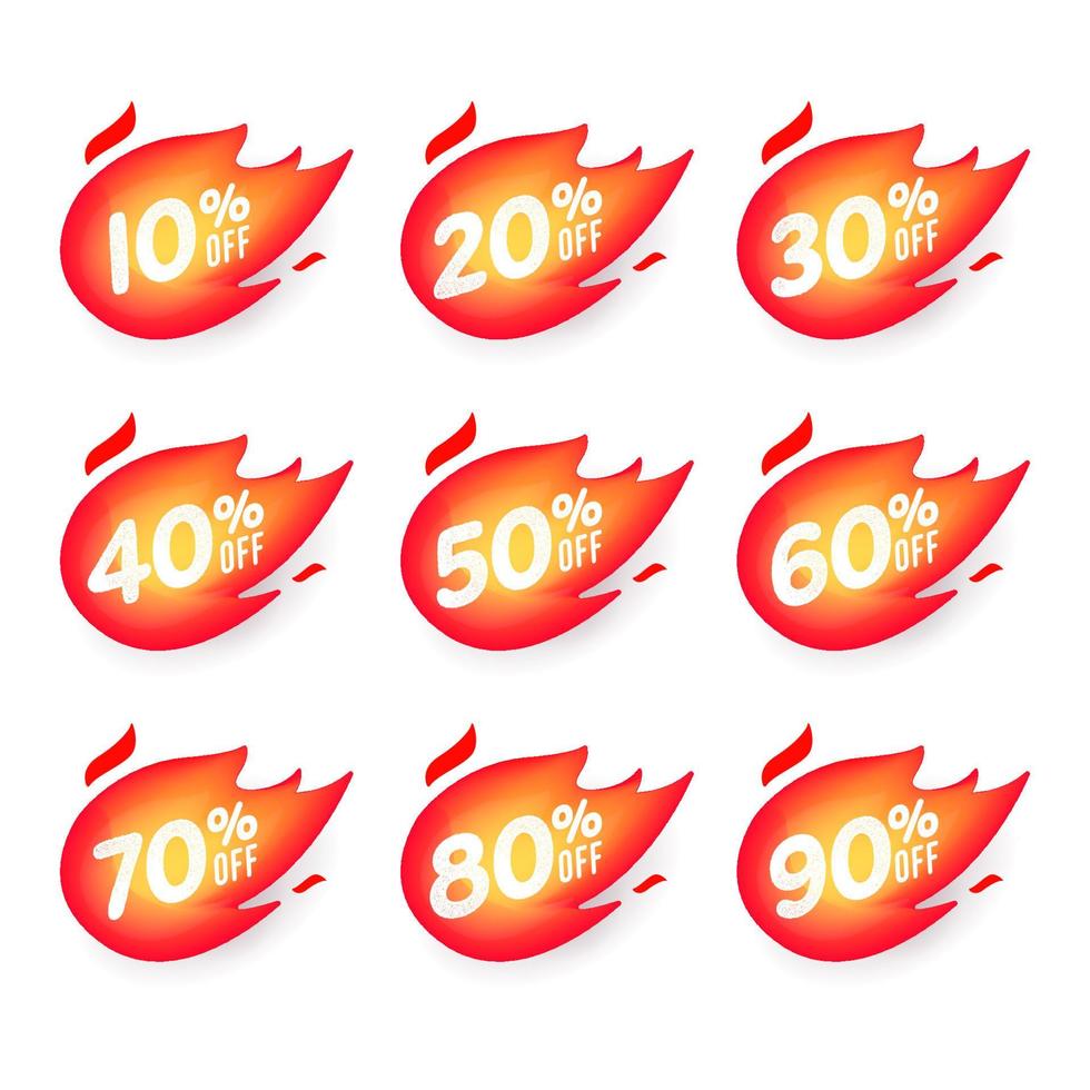 étiquette de remise d'offre spéciale avec un pourcentage de vente différent. 10, 20, 30, 40, 50, 60, 70, 80, 90 pour cent de réduction de prix badge promotion design emblème set vector. vecteur