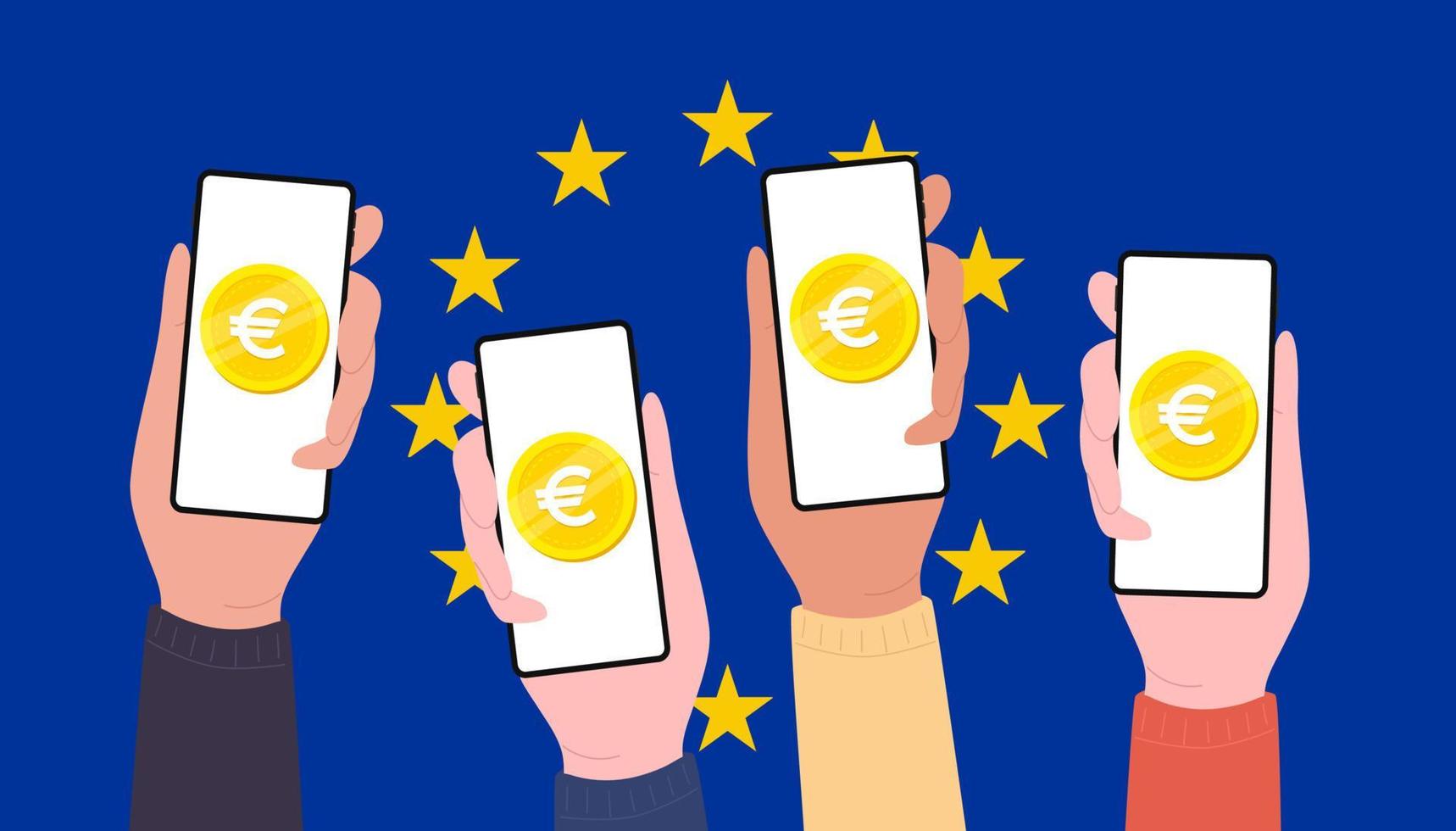 pièces en euros numériques sur écran mobile de personnes, banque centrale européenne bce argent numérique futuriste sur fond de drapeau europe. vecteur