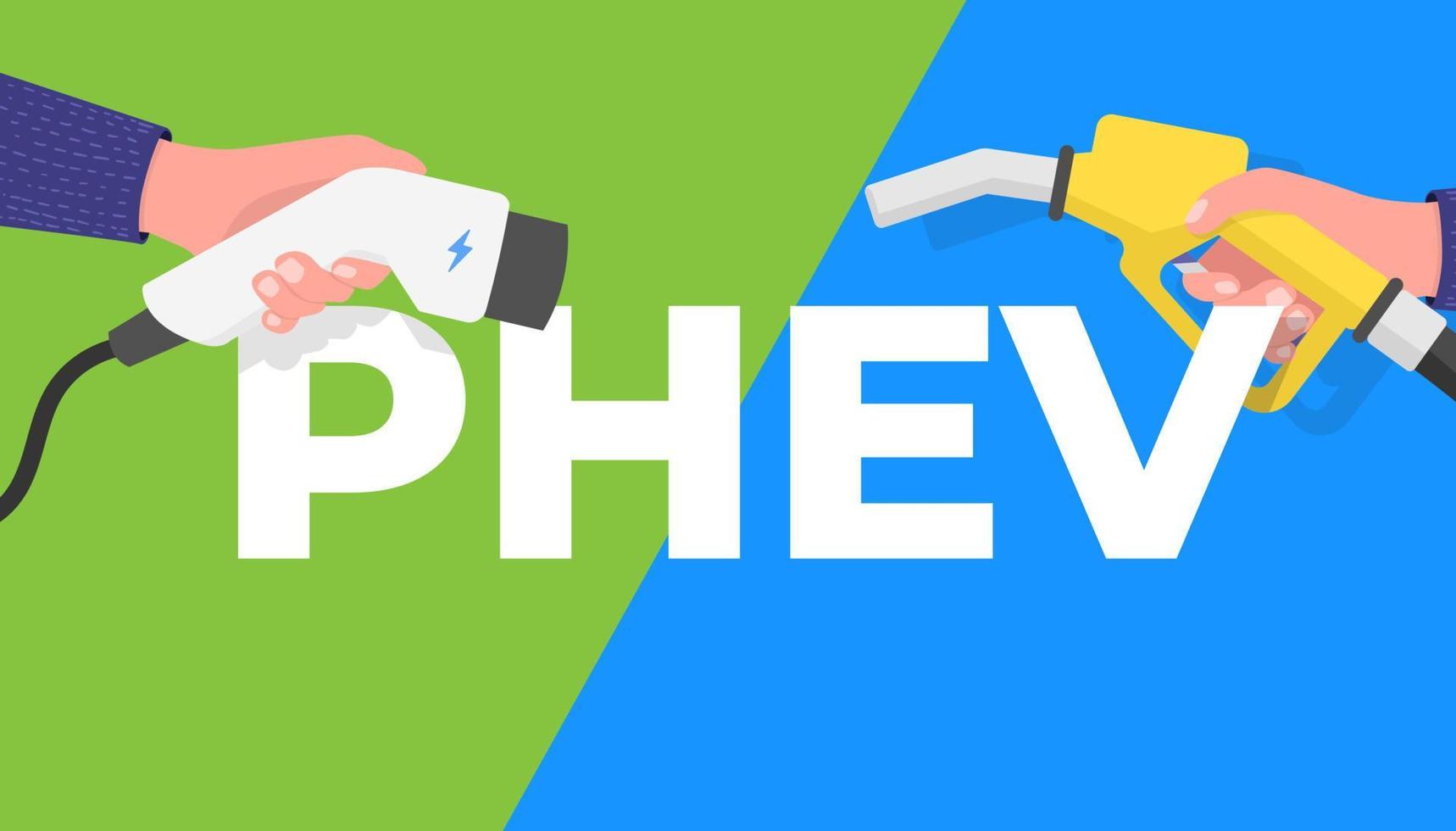 phev, bannière de véhicule électrique hybride rechargeable. main tenant la pompe à essence et le connecteur d'alimentation pour faire le plein. vecteur