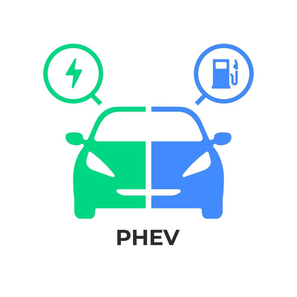 icône phev de véhicules électriques hybrides rechargeables, demi-section faisant partie du symbole de l'énergie électrique et du moteur à carburant. vecteur
