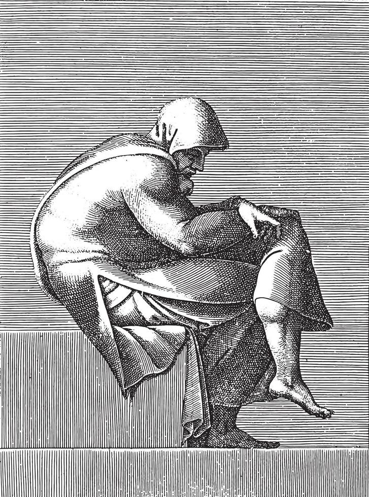 vieil homme assis, adamo scultori, d'après michelangelo, 1585, illustration vintage. vecteur
