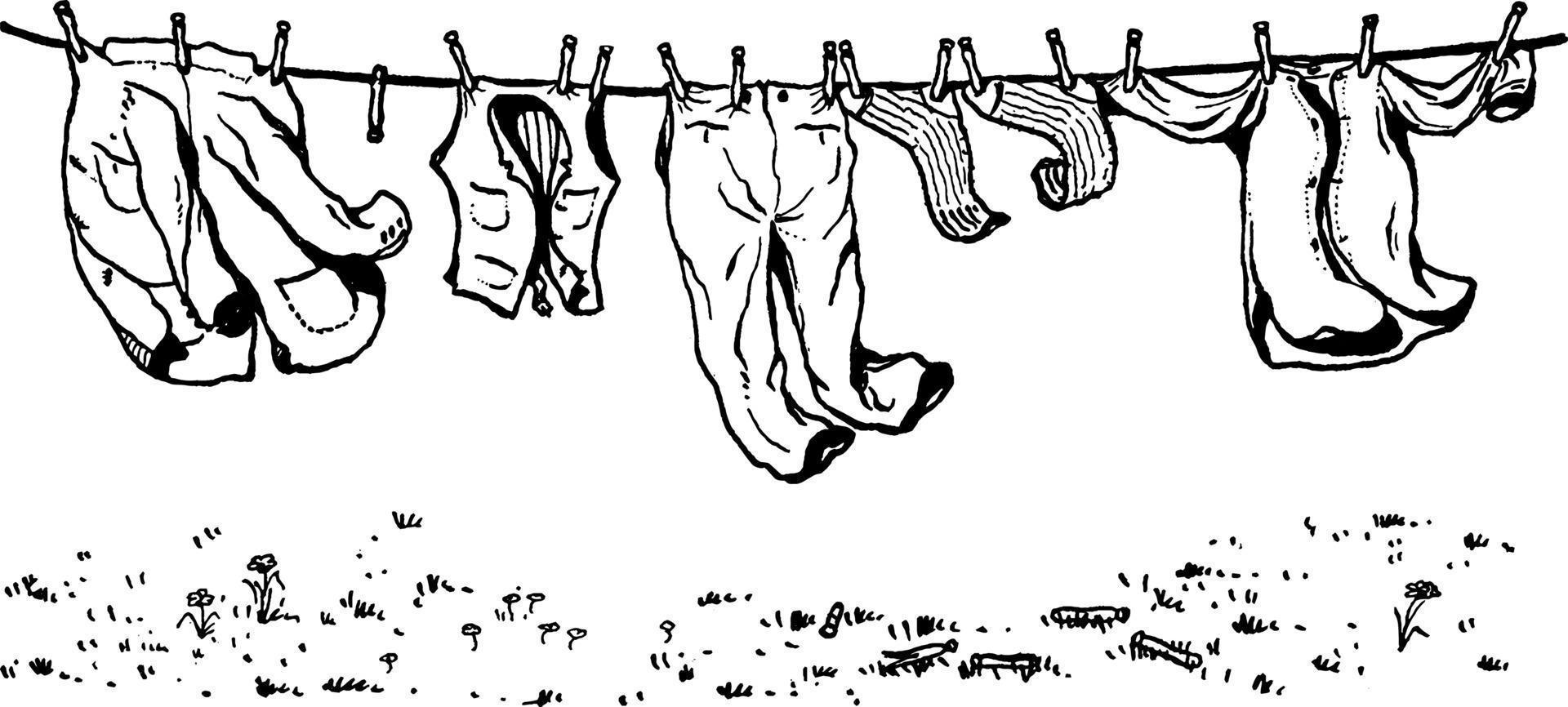 vêtements sur corde à linge, illustration vintage. vecteur