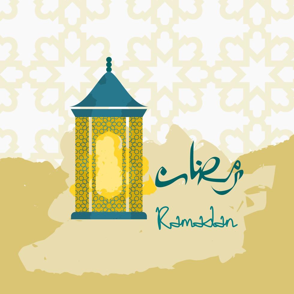 illustration vectorielle modifiable de lanterne arabe avec écriture arabe du ramadan et coups de pinceau sur fond à motifs pour le concept de conception lié au jeûne islamique vecteur