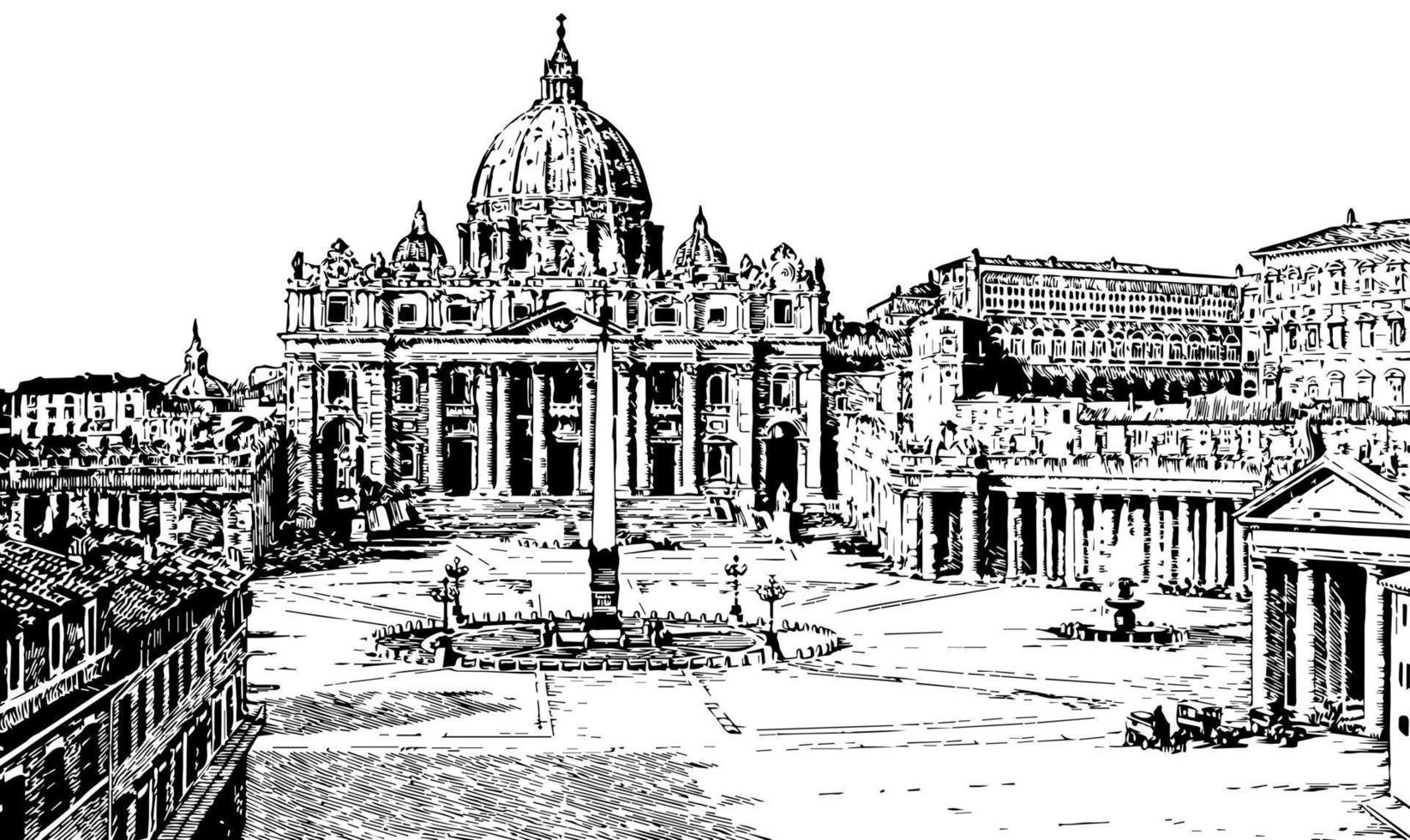 St. peter's et le palais du vatican, la plus grande église du monde, gravure vintage. vecteur