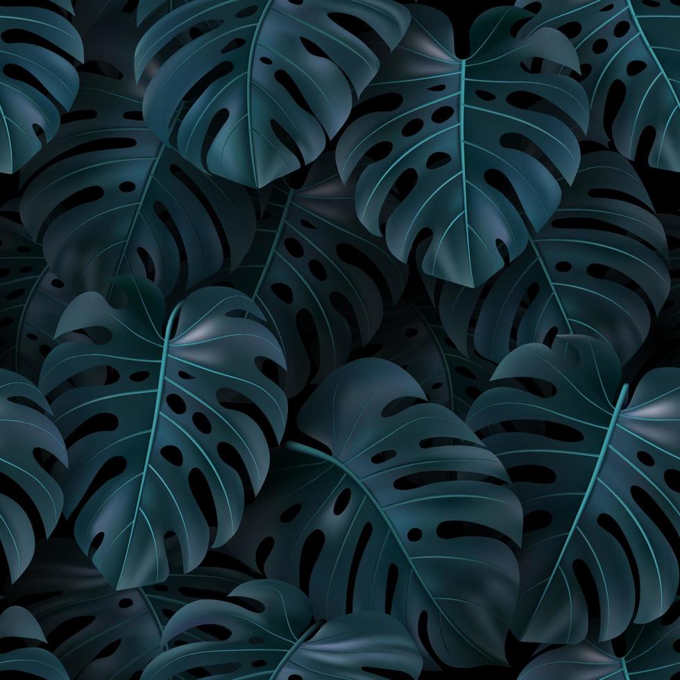 illustration vectorielle tropicale avec feuilles vertes monstera sur fond sombre. modèle sans couture réaliste pour le textile, le style hawaïen, le papier peint, les sites, la carte, le tissu, la conception de sites Web. texture botanique exotique vecteur