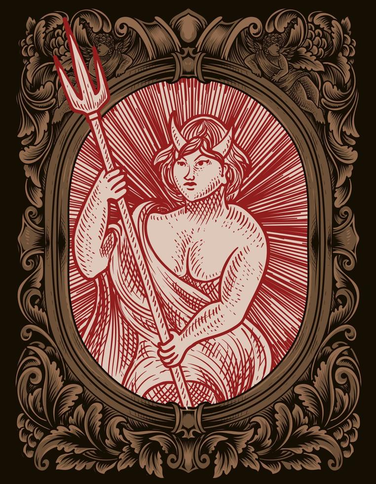 diable luchifer illustration sur le cadre d'ornement de gravure vintage vecteur