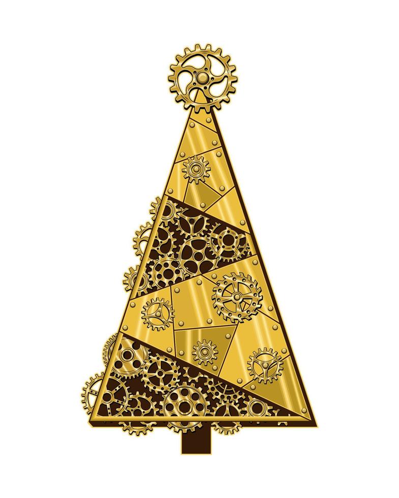 arbre de noël en laiton brillant, plaques de métal doré, engrenages, roues dentées, rivets de style steampunk. illustration vectorielle. vecteur