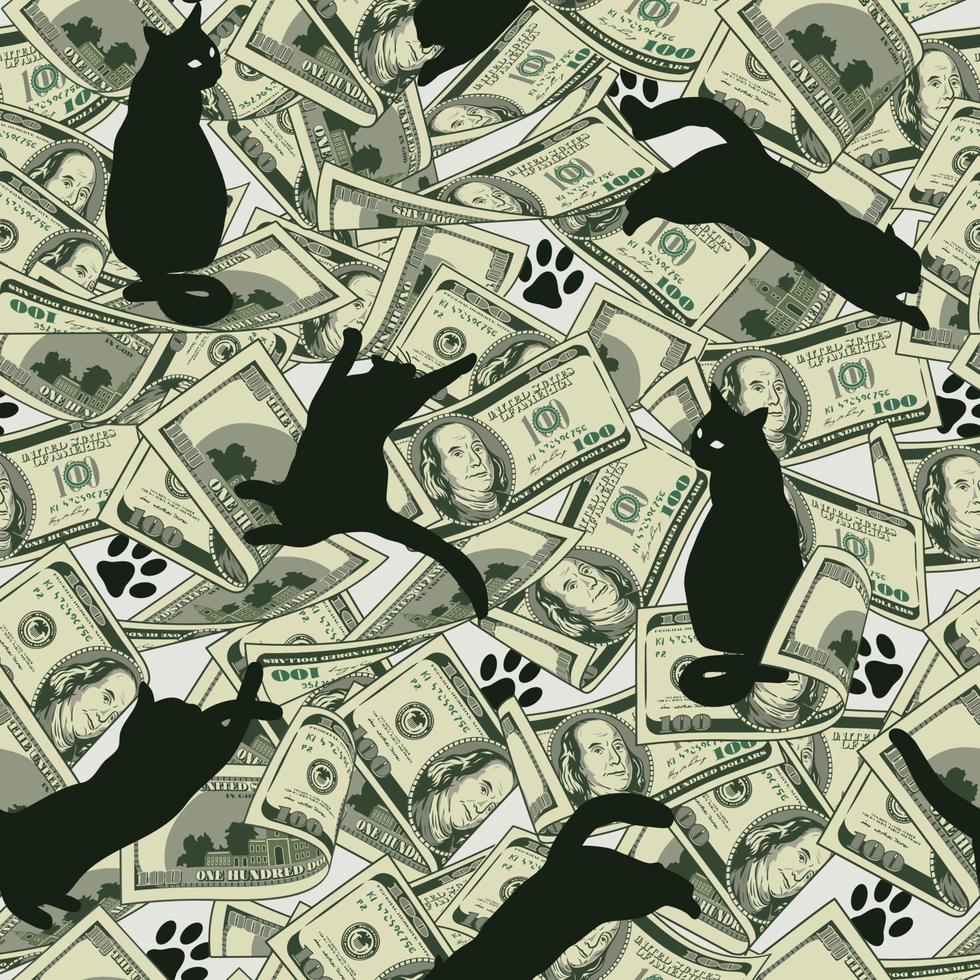 modèle sans couture d'argent avec beaucoup de billets d'un dollar, silhouettes noires de chat, empreintes de chats. billets de cent dollars américains. composition désordonnée chaotique. illustration vectorielle. vecteur