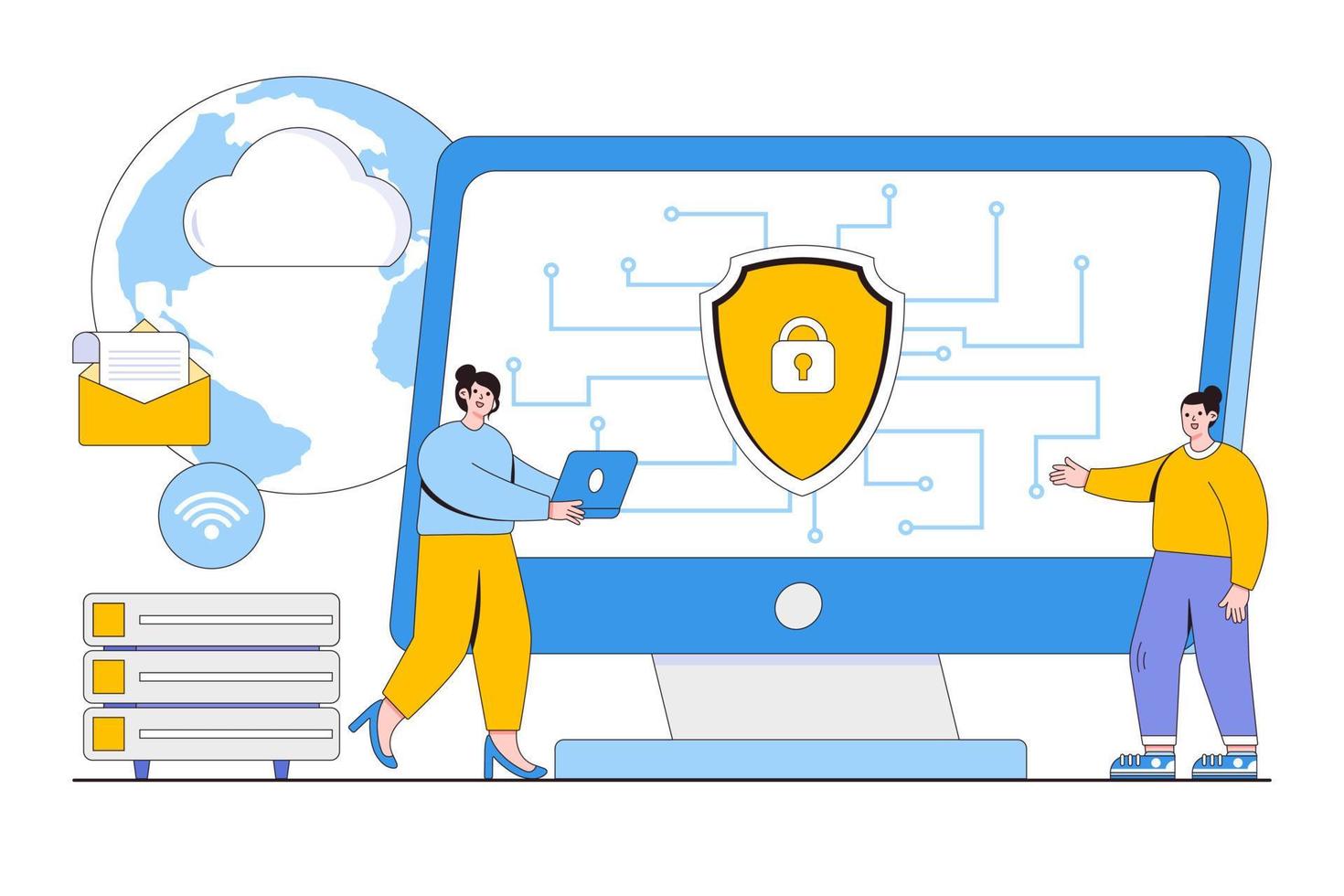 concept de cybersécurité à plat sur les appareils. illustration vectorielle minimale de style de conception de contour pour la page de destination, la bannière web, l'infographie, les images de héros vecteur