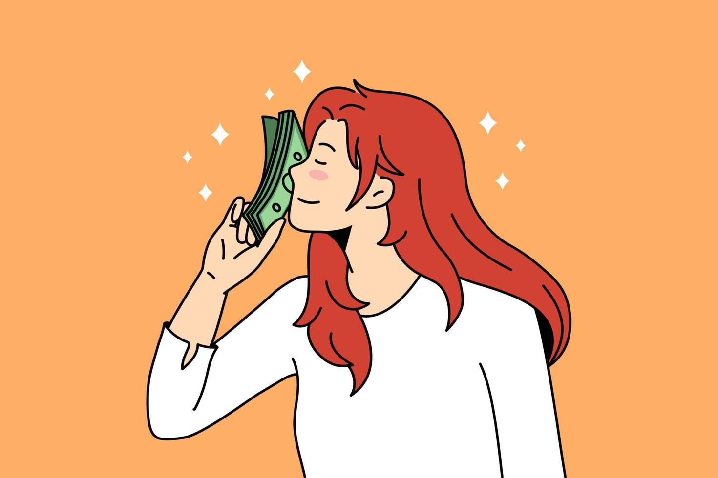 concept de profit financier et de salaire. jeune femme souriante debout touchant le visage avec un tas d'argent vert se sentant jouissance illustration vectorielle vecteur