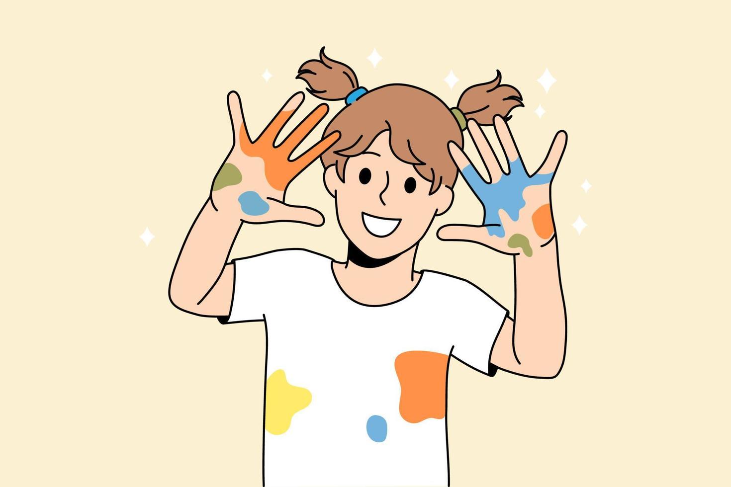 dessin peinture et concept amusant pour les enfants. fille souriante enfant debout montrant les mains avec des points colorés après la peinture se sentant joyeuse illustration vectorielle vecteur