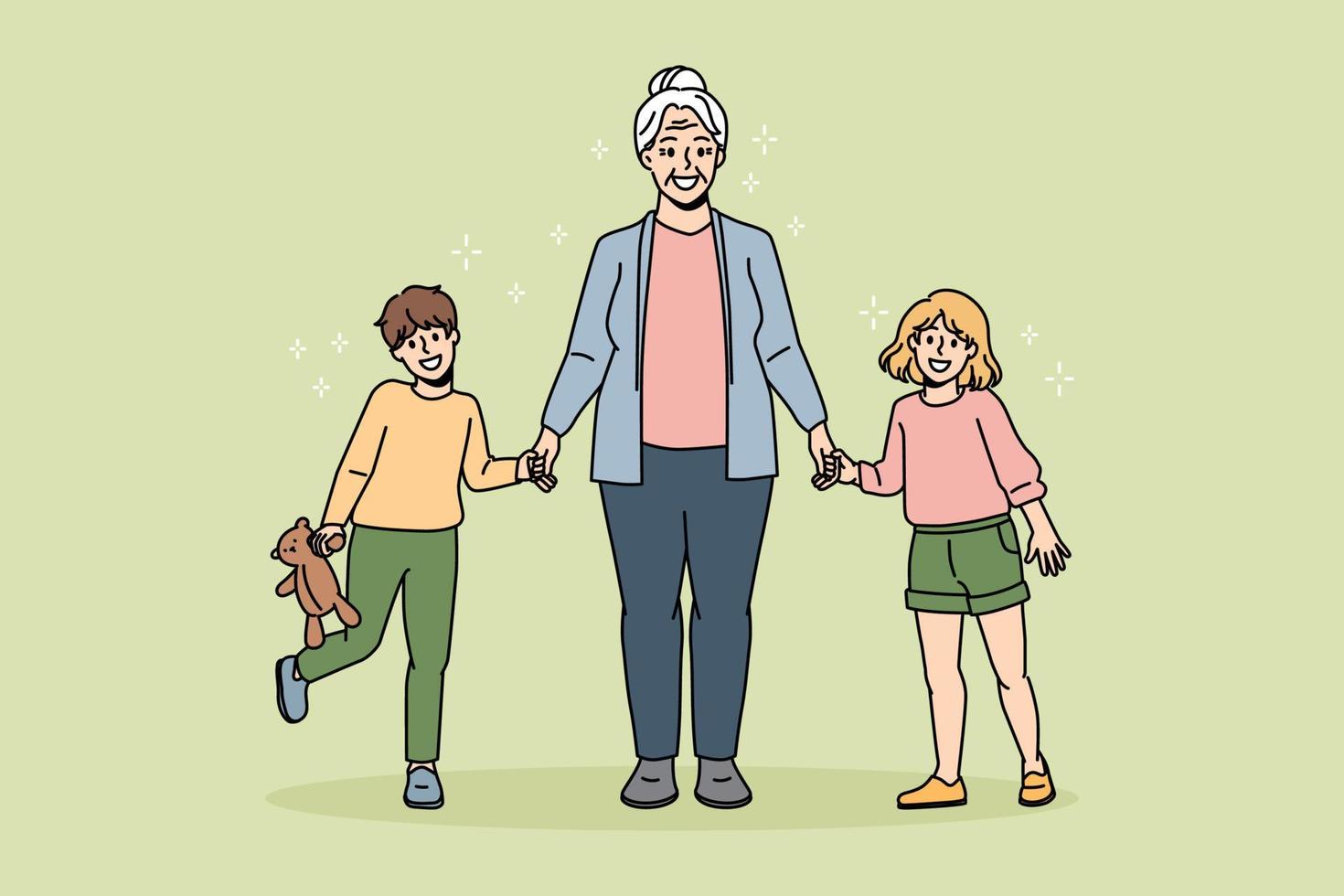 concept de mode de vie actif de grand-mère heureuse. grand-mère positive souriante debout tenant ses petits-enfants fille et garçon avec les mains se sentant joyeuse illustration vectorielle vecteur