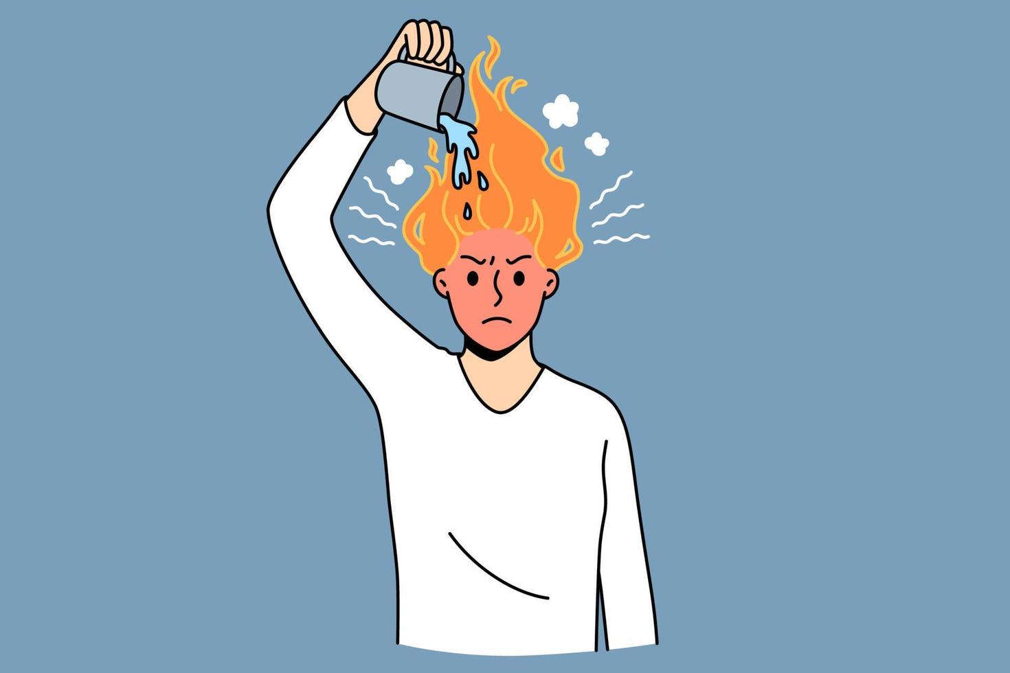 concept d'épuisement des pneus et de surmenage. jeune travailleur homme stressé debout et arrosant une flamme brûlante dans la tête se sentant sur l'illustration vectorielle travaillée vecteur