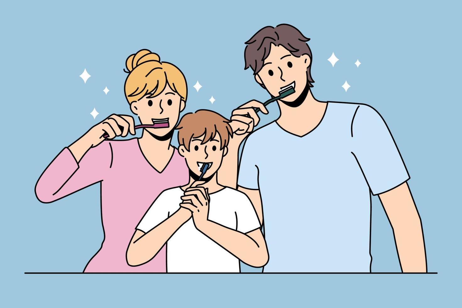 concept d'hygiène dentaire et de nettoyage. heureuse mère de famille positive père et fils debout et se brosser les dents pendant les rituels de routine du matin illustration vectorielle vecteur