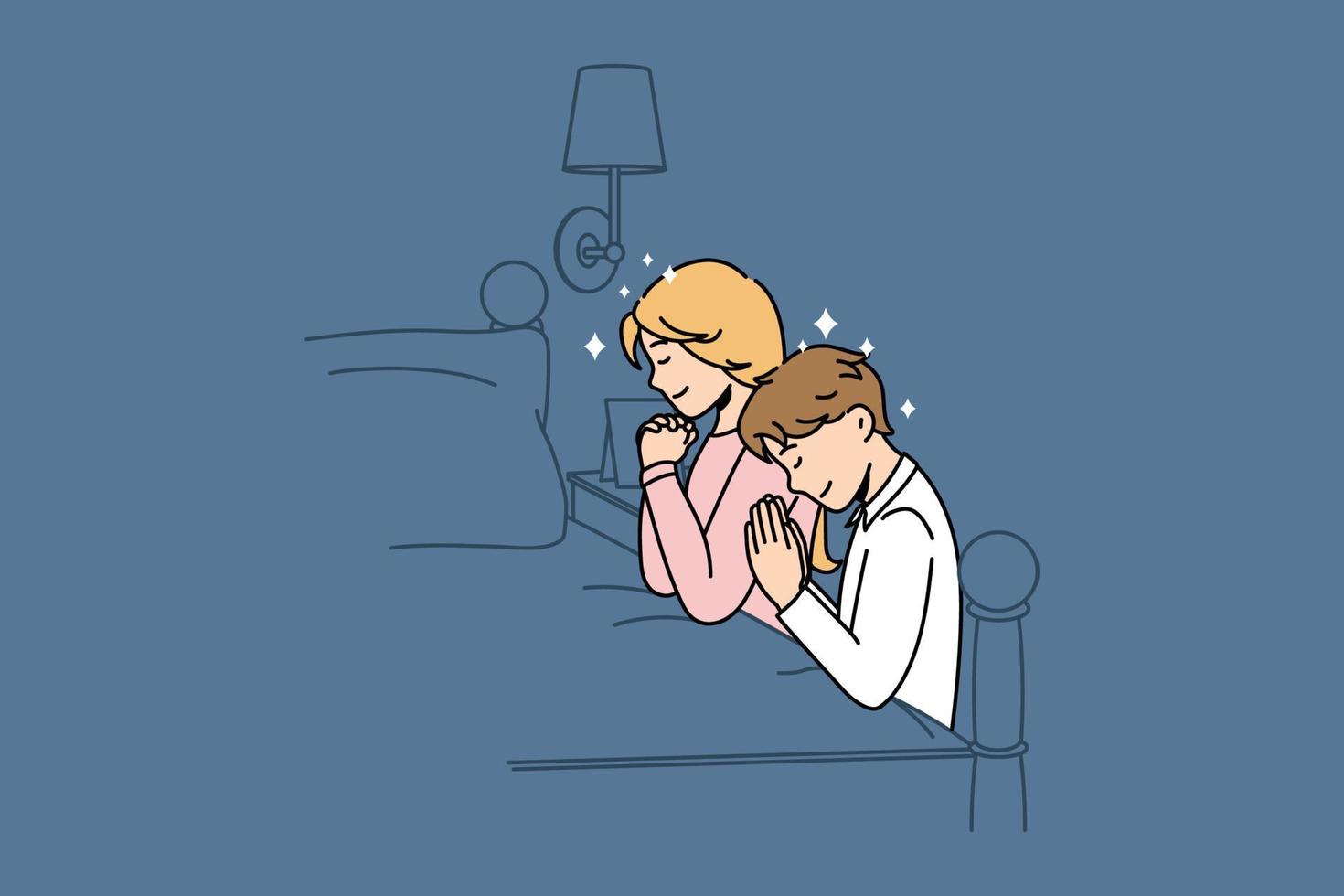 éducation religieuse et concept de prière. deux enfants enfants frère et soeur les yeux fermés debout au lit et priant avant d'aller dormir illustration vectorielle vecteur