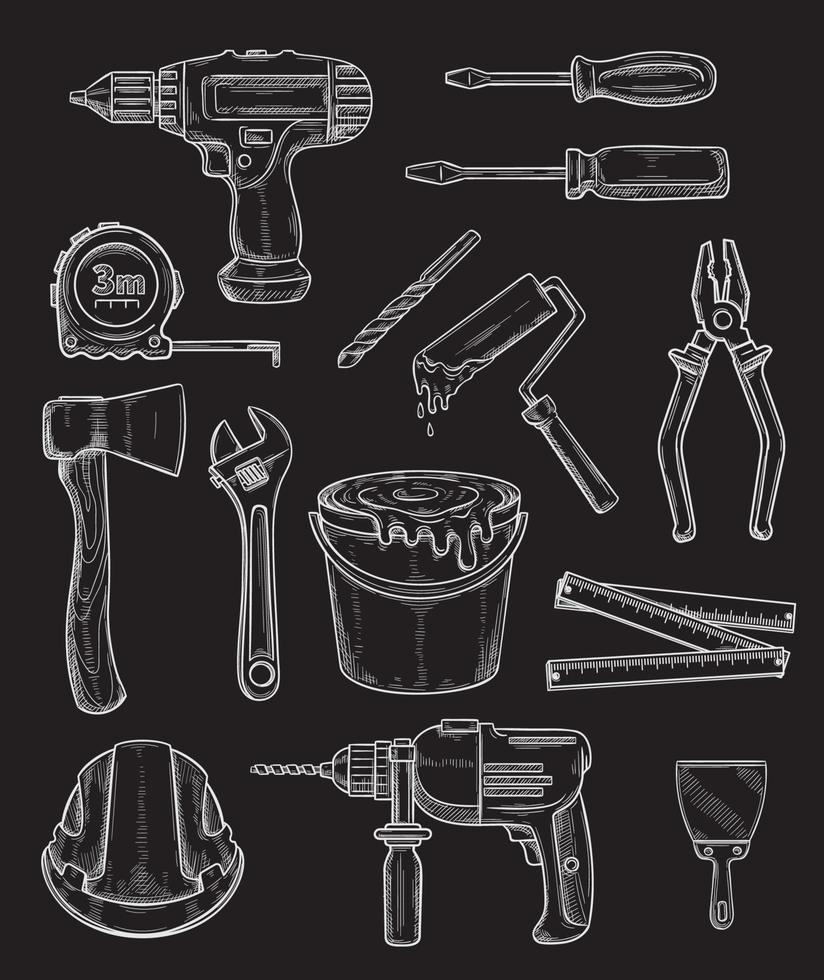 outils de travail vectoriels icônes de croquis de craie de réparation à domicile vecteur