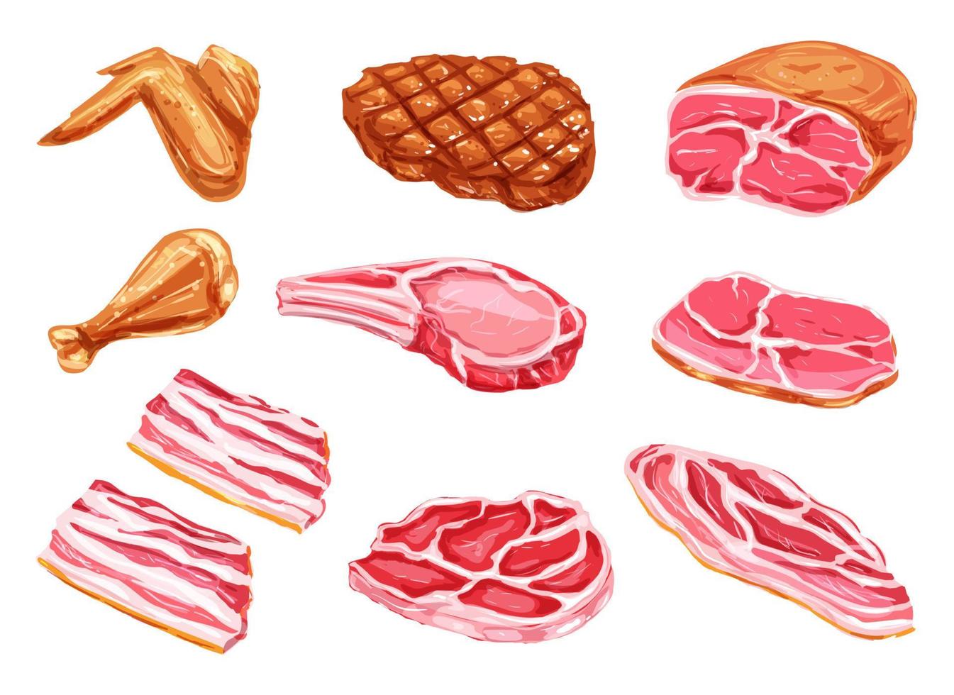 icônes de peinture aquarelle de produits de viande de vecteur