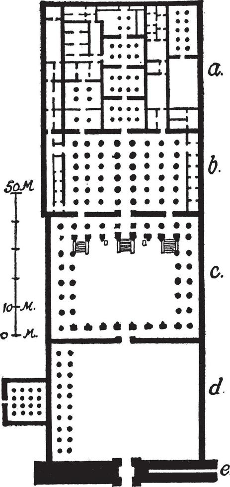 le plan du ramasseum est le temple commémoratif ou le temple funéraire du pharaon ramsès ii, gravure d'époque. vecteur