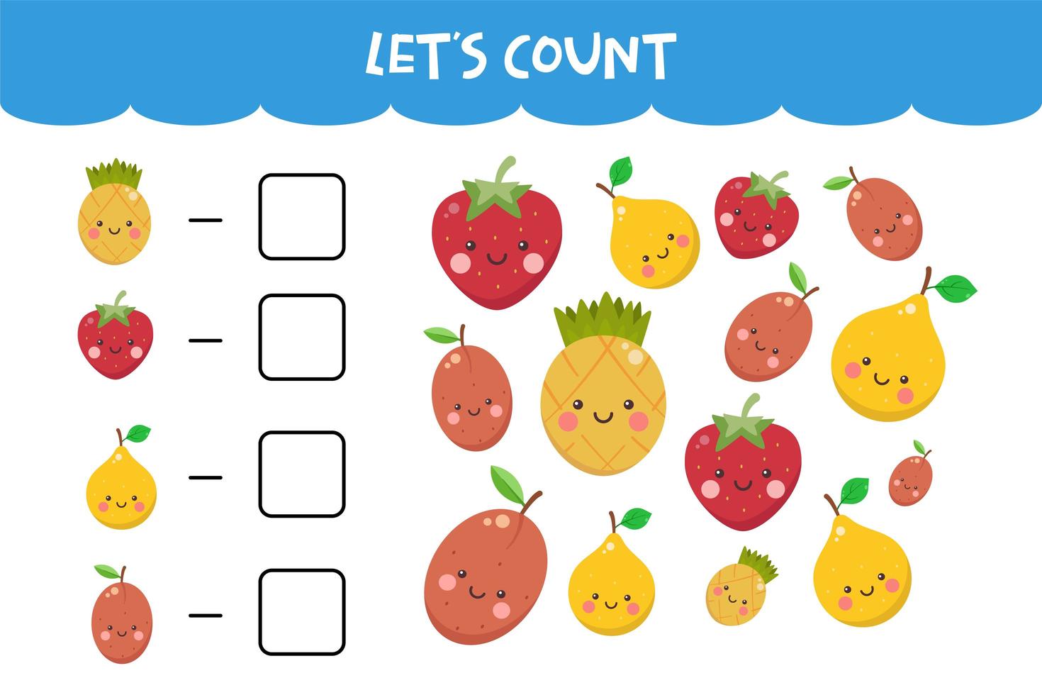 jeu de comptage avec fruits frais kawaii vecteur