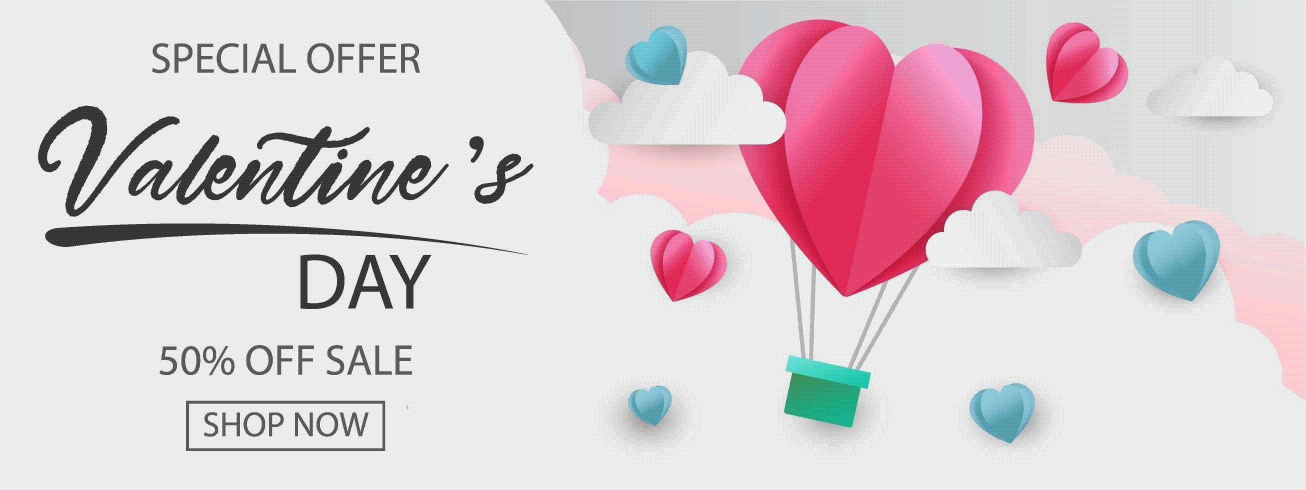 bannière de l'offre spéciale de la saint-valentin avec ballon coeur dans les nuages vecteur