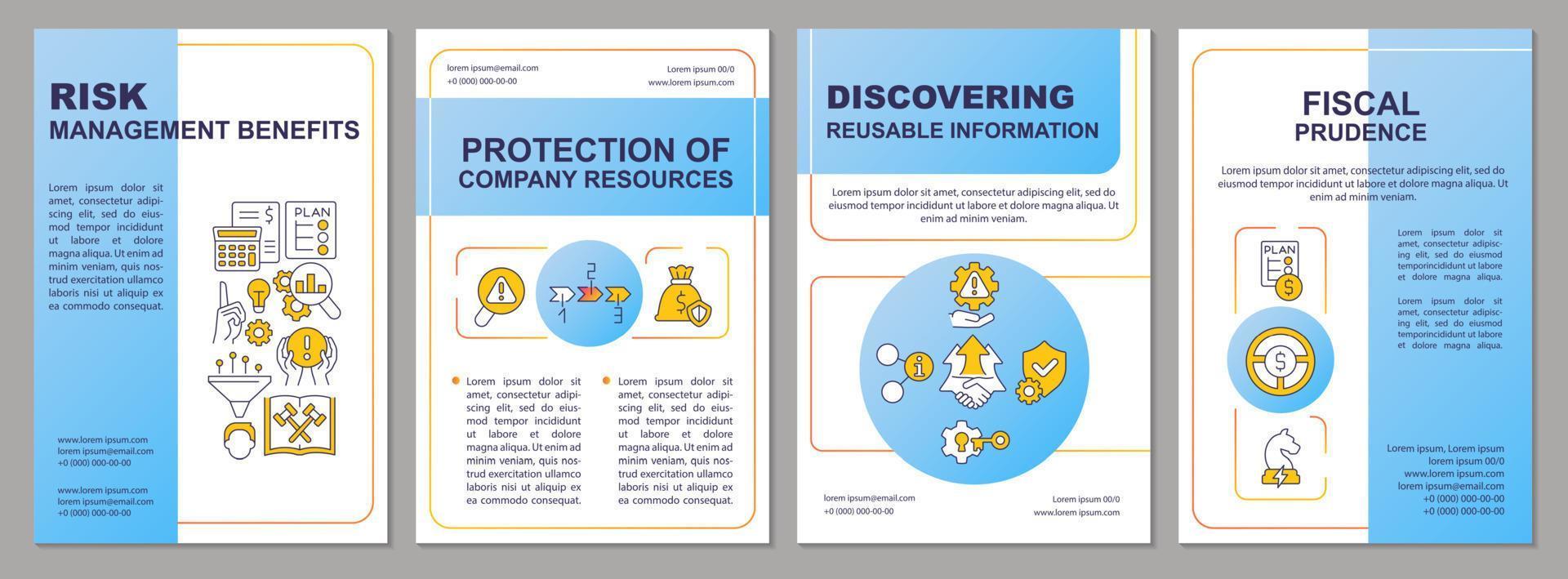 modèle de brochure bleue sur les avantages de la gestion des risques. stratégie de sécurité. conception de dépliant avec des icônes linéaires. 4 mises en page vectorielles pour la présentation, les rapports annuels. vecteur