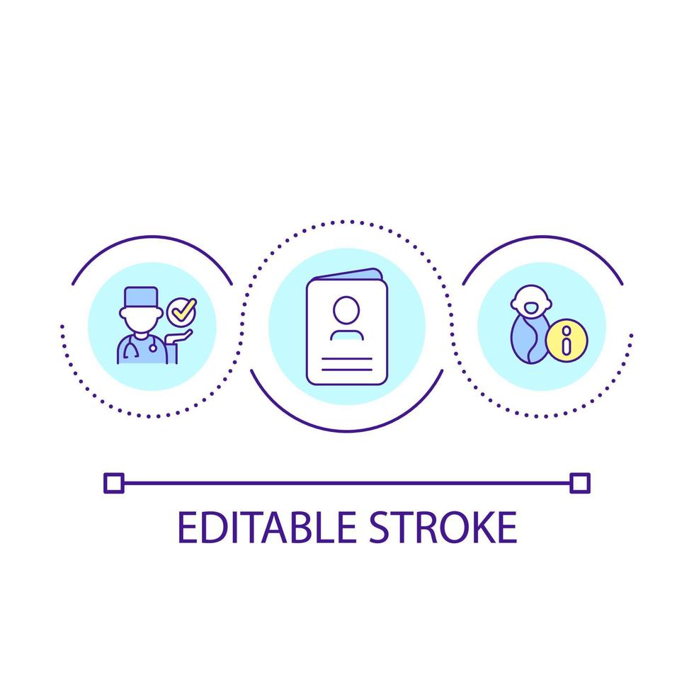 icône de concept de boucle de certificat de naissance. acte officiel de naissance d'un enfant. demande d'illustration de ligne mince d'idée abstraite de programme social. dessin de contour isolé. trait modifiable. vecteur