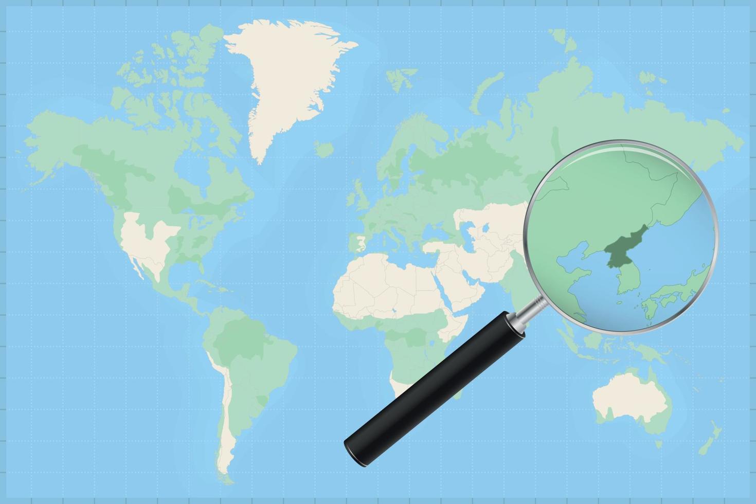 carte du monde avec une loupe sur une carte de la corée du nord. vecteur