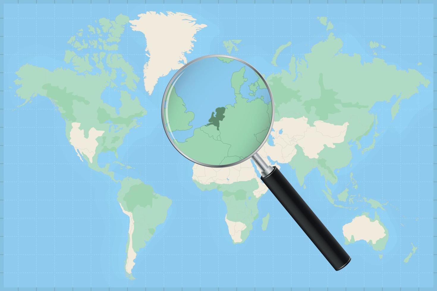 carte du monde avec une loupe sur une carte des pays-bas. vecteur