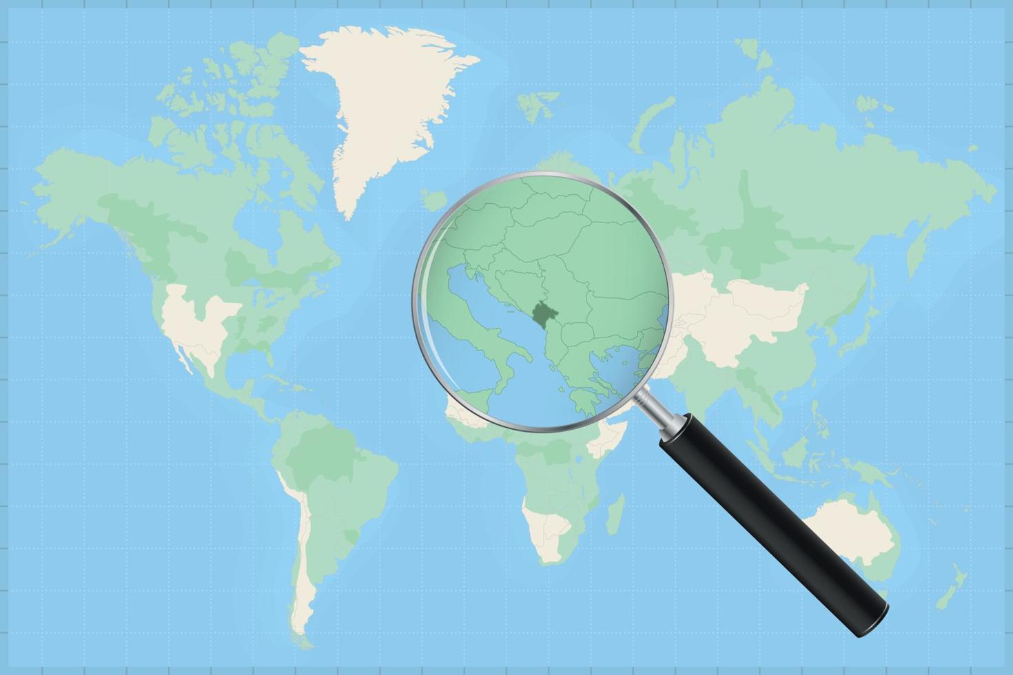 carte du monde avec une loupe sur une carte du monténégro. vecteur