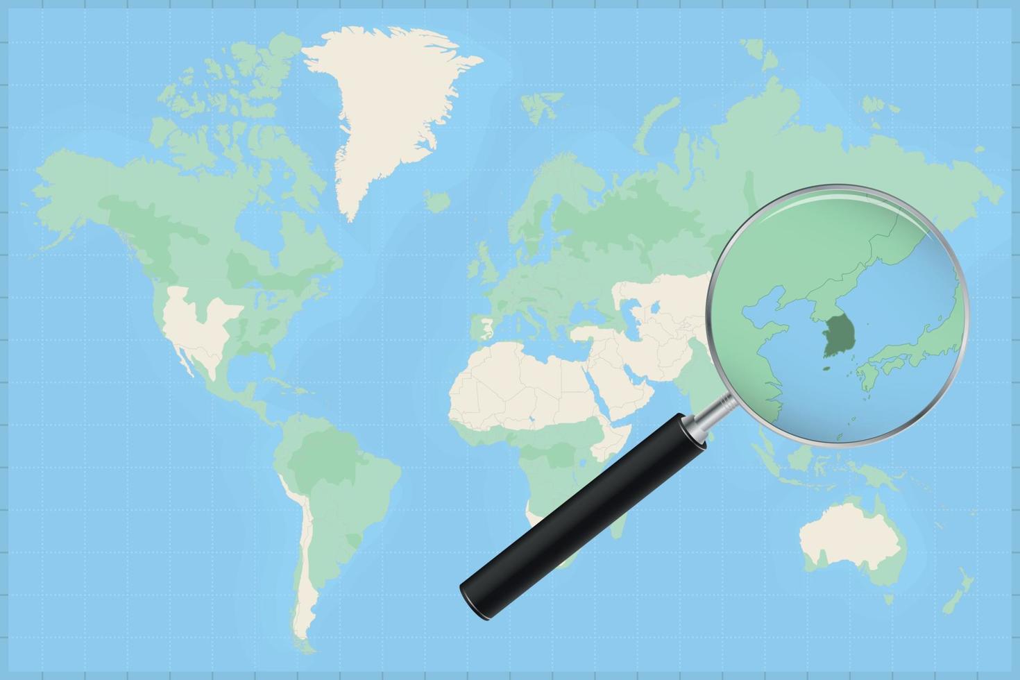 carte du monde avec une loupe sur une carte de la corée du sud. vecteur