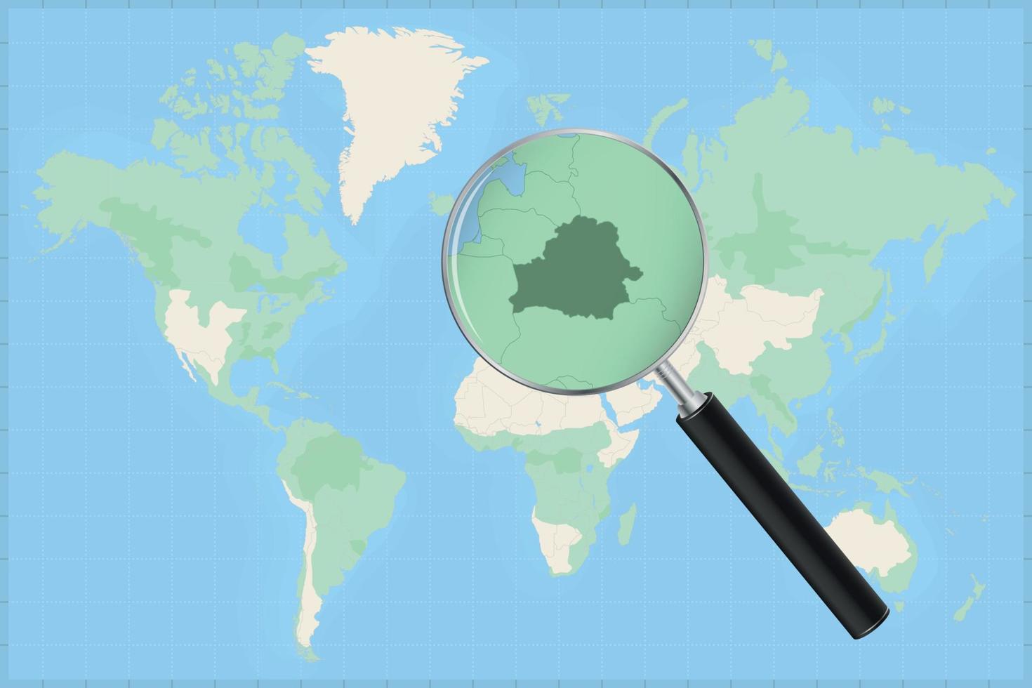 carte du monde avec une loupe sur une carte de la biélorussie. vecteur