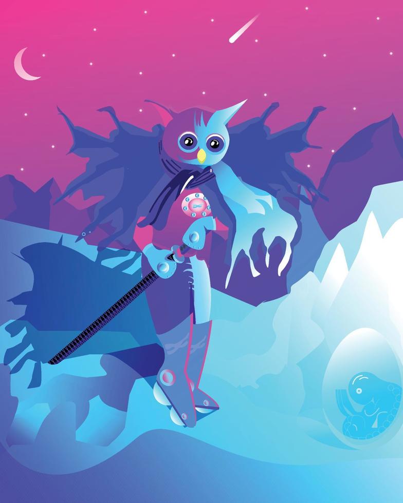 hibou samouraï avec oeuf de dragon sur la glace de la montagne vecteur