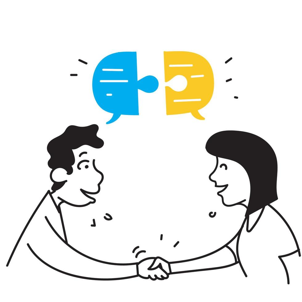 hommes et femmes de doodle dessinés à la main avec illustration de puzzles de conversation à bulles assortis vecteur