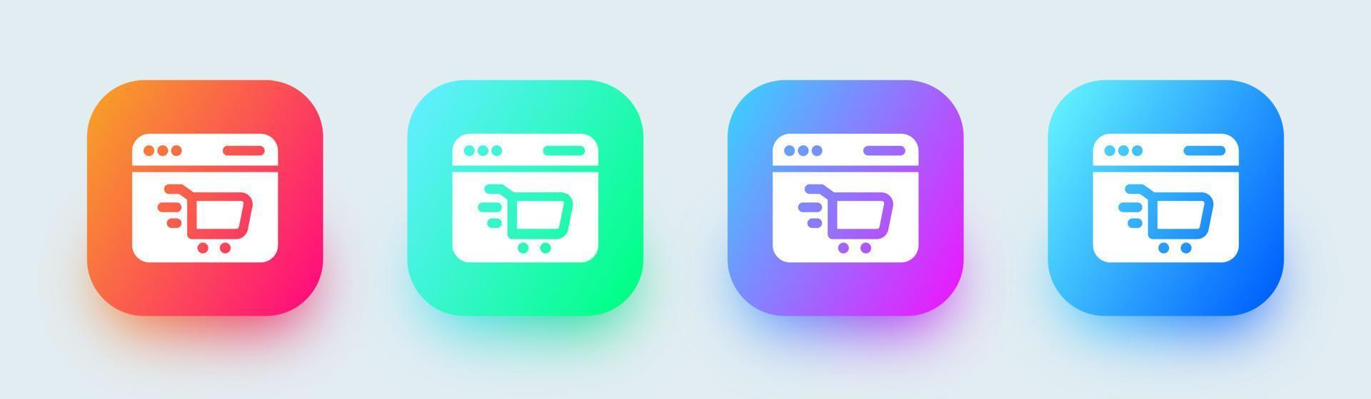 icône solide de boutique en ligne dans des couleurs dégradées carrées. signes de commerce illustration vectorielle. vecteur
