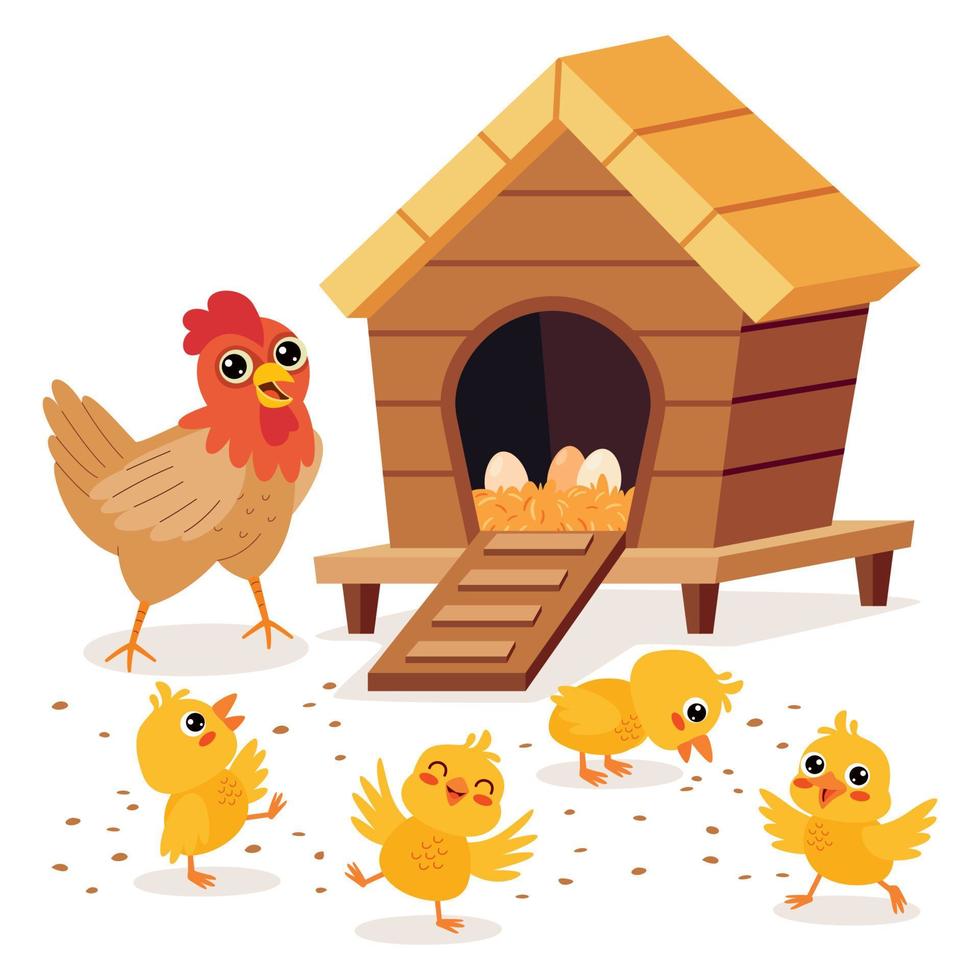 illustration de dessin animé de poulet et de poussins vecteur