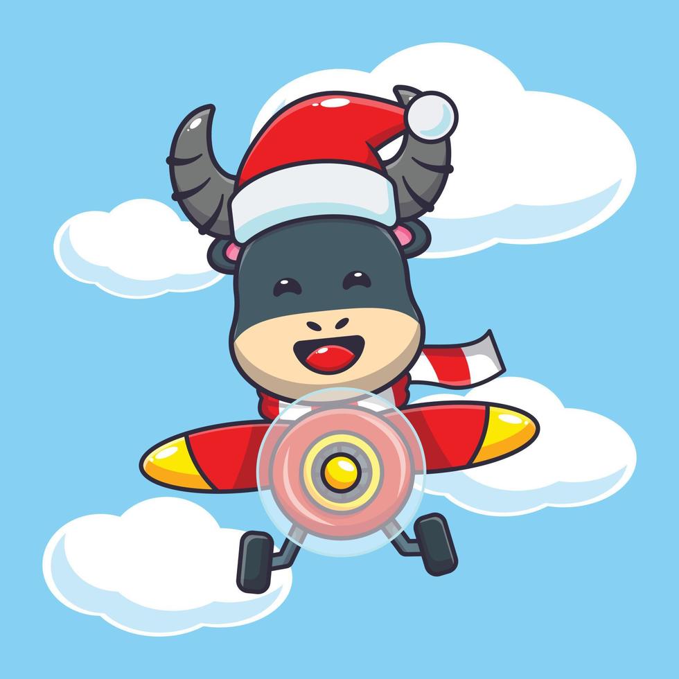 buffle mignon portant bonnet de noel volant avec avion. illustration de dessin animé de noël mignon. vecteur